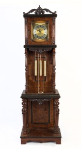 An antique walnut grandfather clock case with 1855 Paris Exhibition plaque, with later German movement, ​​​​​​​202cm high