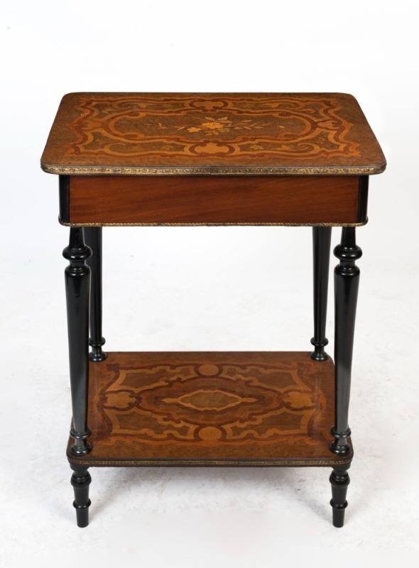 A French single drawer poudreuse with parquetry tiers, gilt metal mounts and ebonised legs, 20th century, 71cm high, 53cm wide, 39cm deep