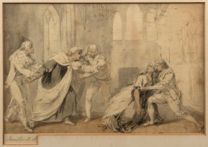 GAVIN HAMILTON, R.A. (1723 - 1798), A confrontation, watercolour on paper, signed "Hamilton, R.A." lower right, 21.5 x 32cm; framed, 40 x 50.5cm overall.