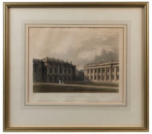 A pair of English engravings: "Public Library & Senate House" (Cambridge), 1814, and, "The Birmingham Mail near Aylesbury, 1837; individually framed and glazed, each 40 x 47cm overall. (2).