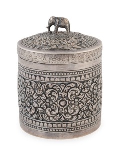 An antique Indian silver tea caddy with elephant finial, 19th century, 9cm high, 6.5cm diameter, 166 grams