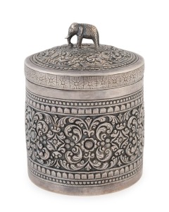 An antique Indian silver tea caddy with elephant finial, 19th century, ​​​​​​​9cm high, 6.5cm diameter, 166 grams