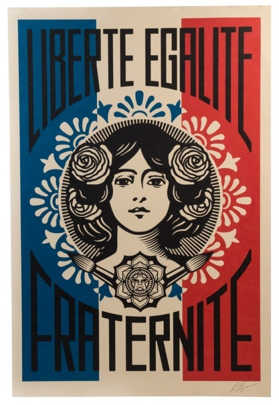 FRANK SHEPARD FAIREY (b.1970), LIBERTÉ, ÉGALITÉ, FRATERNITÉ, Offset lithograph, signed and dated in pencil below image, overall 91 x 61cm.