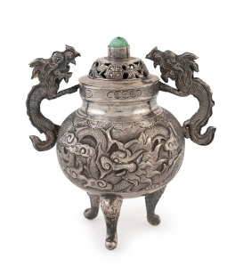 A Chinese silver censer with dragon handles and cabochon jade finial, 19th/20th century, 9.5cm high, 102 grams