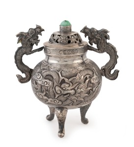 A Chinese silver censer with dragon handles and cabochon jade finial, 19th/20th century, 9.5cm high, 102 grams