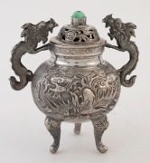 A Chinese silver censer with dragon handles and cabochon jade finial, 19th/20th century, 9.5cm high, 102 grams - 2