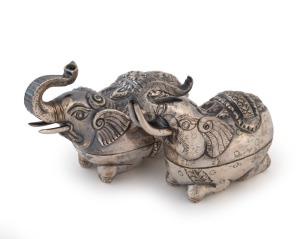 Two Cambodian silver elephant boxes, 20th century, stamped "900", 9cm and 8cm long, 104 grams total