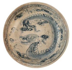 An antique Vietnamese porcelain dragon bowl, possibly shipwreck cargo, 5.5cm high, 23cm diameter