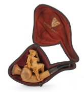 An antique Meerschaum pipe with carved female figure, housed in original plush box, 19th century, ​​​​​​​10cm long