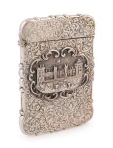 An antique English silver castle top calling card case, stamped "W.D.", Birmingham, circa 1851, 10cm high, 64 grams