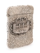 An antique English silver castle top calling card case, stamped "W.D.", Birmingham, circa 1851, 10cm high, 64 grams