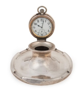 ASPREY of London sterling silver table clock in the form of an inkwell and pocket watch, dial marked "Asprey, Bond Street, London", made in Birmingham, circa 1909, movement ticking away nicely, 19cm high, 19cm diameter