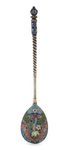 A superb Imperial Russian gilded silver and enamel spoon, hallmarked Moscow 88 and "AT" for FABERGE Workmaster Alfred Thielemann (who was active for FABERGE between 1890 and 1910); 19th century, 14cm long, 24 grams.