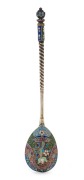 A superb Imperial Russian gilded silver and enamel spoon, hallmarked Moscow 88 and "AT" for FABERGE&nbsp;Workmaster&nbsp;Alfred Thielemann&nbsp;(who was active for FABERGE between 1890 and 1910); 19th century, 14cm long, 24 grams.