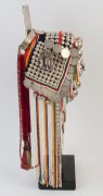 AKHA LOHMI HEADDRESS: Made from Indian Rupees, "Fat Man Dollars", French Indochinese Piastre coins, 20th century Burmese beads, hand-made silver moon-shaped buttons, chains, pendants, tassels, red-dyed chicken hackles and horse hair, circa 1950s. - 3