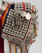 AKHA LOHMI HEADDRESS: Made from Indian Rupees, "Fat Man Dollars", French Indochinese Piastre coins, 20th century Burmese beads, hand-made silver moon-shaped buttons, chains, pendants, tassels, red-dyed chicken hackles and horse hair, circa 1950s. - 4