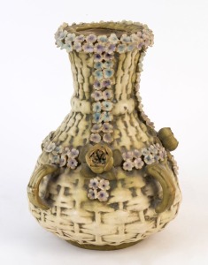 AMPHORA Austrian porcelain basket weave vase with applied floral decoration, late 19th century, stamped "Amphora", 25cm high