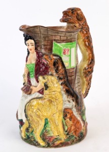 "OLD FEEDING TIME" English porcelain jug by BURLEIGH WARE, 20th century, factory mark to base and stamped "A Reproduction Of Old Feeding Time Jug. Made By Samuel Alcock 100 Years Ago", 25cm high