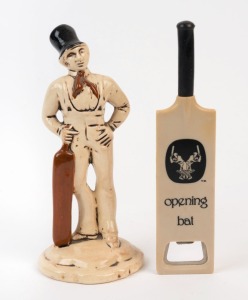 Dunhill: Victorian Era Sports Series ceramic Cricket figurine, "cast exclusively for Dunhill for Men fragrances" and serial No.1222 to base; accompanied by cricket bat shaped bottle opener with "Randall Hicks Competition Tyres" on the back and "opening bat" on the front. (2 items).
