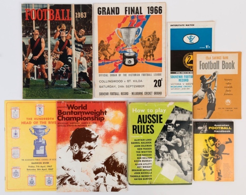 A small group of printed items including the hardcover book "How to play Aussie Rules" [Lansdowne Press, Melbourne, 1963], with chapters by Bob Davis, Norm Smith, John Coleman, Ted Whitten, Ron Barassi and many others; the "E.S. & A. Savings Bank Football