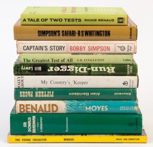 AUSTRALIAN CRICKETERS: A collection of hardcover books; all with dust jackets, including "The Greatest Test of All" by Fingleton (1961); The Young Cricketer" by Lou & Richie Benaud (1964); "My Country's 'Keeper" by Wally Grout (1965); "Captain's Story" by Bob Simpson" (1966; signed); "Run Digger - His own Story" by Bill Lawry (1966; signed); "Simpson's Safari" by R.S. Whitington (1967); plus 4 others. (10 volumes).