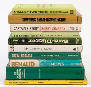 AUSTRALIAN CRICKETERS: A collection of hardcover books; all with dust jackets, including "The Greatest Test of All" by Fingleton (1961); The Young Cricketer" by Lou & Richie Benaud (1964); "My Country's 'Keeper" by Wally Grout (1965); "Captain's Story" by