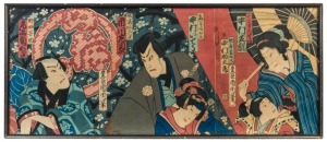 A Japanese three sheet woodblock print, Meiji period, 19th century, 32 x 75cm overall