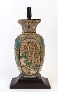 An antique Satsuma earthenware vase converted into a table lamp, 19th century, the vase 43cm high, 60cm overall