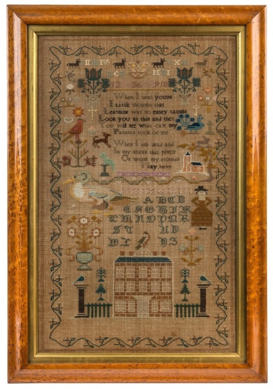 An antique sampler in maple frame, 19th century, ​​​​​​​58 x37cm, 70 x 47cm overall