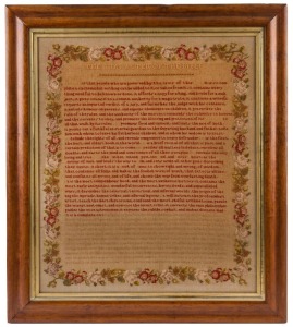 An antique English needlework sampler in original maple frame with gilt slip and glass, mid 19th century. A very extensive and detailed example in an impressively large format, ​​​​​​​83 x 72cm overall
