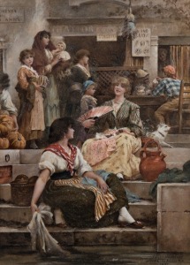 (After) LUKE FILDES R.A. by MILLY HAMBRIDGE, (washerwoman street scene), watercolour, signed lower right, ​​​​​​​22 x 15cm, 46 x 36cm overall