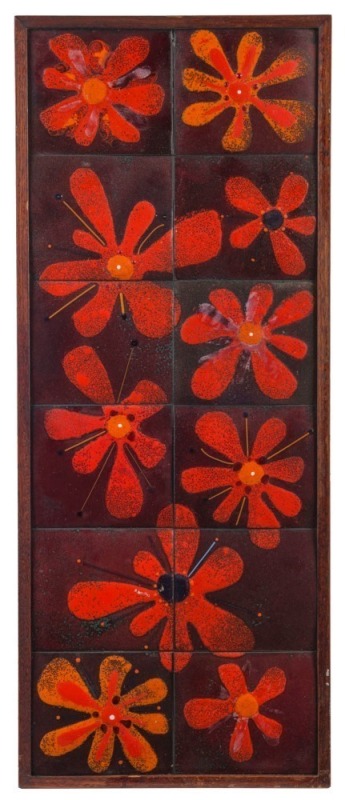 Danish ceramic tile display in timber frame, circa 1960s, ​​​​​​​63 x 25cm overall