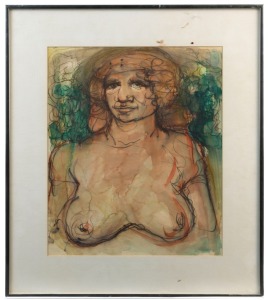 ARTIST UNKNOWN, (female nude), watercolour and ink, ​​​​​​​42 x 35cm, 58 x 52cm overall