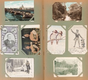 AUSTRALIAN & WORLD: An attractive collection in two old-time albums; many loosely inserted. As well as a good representation of Australian (Echuca, Ballarat, Daylesford, Bendigo, Queenscliff, Melbourne, St.Kilda, Geelong, Sydney, etc.) we note extensive G