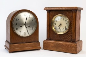 SESSIONS American oak cased mantel clock, together with a German oak cased mantel clock with dome top, both with time and strike movements, early 20th century, 31cm, and 29cm high