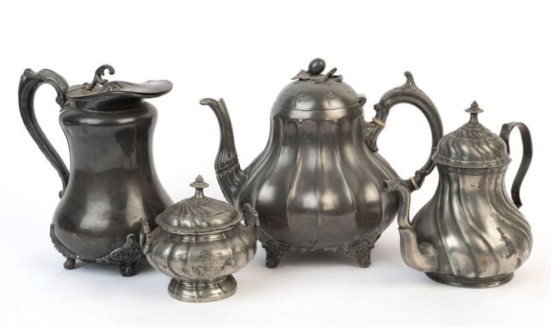 Four pieces of antique pewter tea ware, 19th century, ​​​​​​​the largest 18cm high