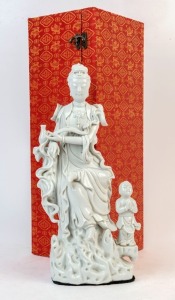 Chinese Guanyin blanc de chine porcelain statue, 20th century, impressed seal mark to back, 36cm high