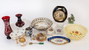 DRESDEN floral German porcelain bowl, assorted LIMOGES porcelain, Chinese ornaments, Bohemian ruby glass vases, opium pipe, spoon etc, 20th century, (16 items), the largest vase 16cm high