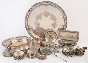 Silver and silver plated ware including circular tray, coasters, dishes, tasse de vins etc., 20th century, (qty)