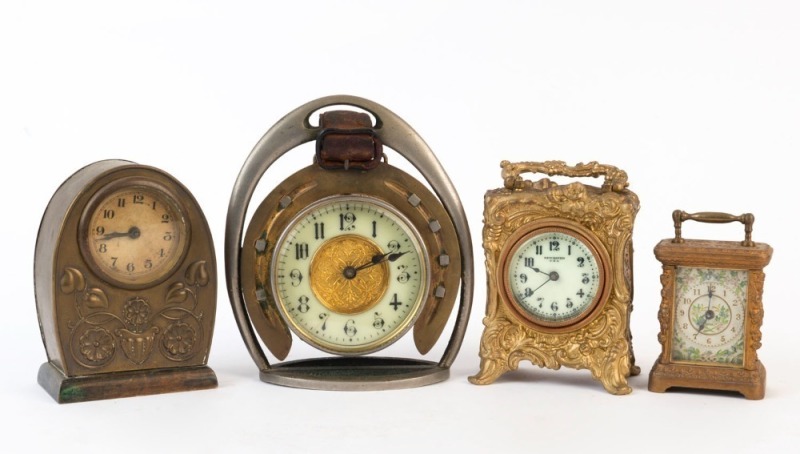 Four assorted American table clocks in metal cases, 19th/20th century, the stirrup example 15.5cm high