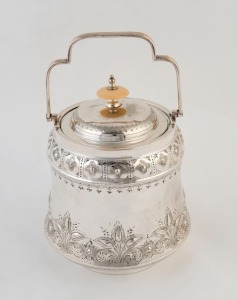 WALKER & HALL antique English silver plated biscuit barrel with ivory finial, late 19th century, 22cm high overall