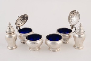 MAPPIN & WEBB six piece sterling silver condiment set with original blue glass liners, 20th century, the pepper pots 7.5cm high, 160 grams silver weight