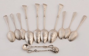 Set of 4 Russian silver teaspoons, pair of sterling silver condiment spoons and a set of six sterling silver shell-shaped teaspoons with feathered edges, (12 items), the largest 14.5cm long, 170 grams total