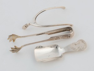 Novelty wishbone sugar nips by Levi & Salaman of Birmingham, circa 1906; bird claw sugar tongs; and a sterling silver caddy spoon, (3 items), the largest 10cm long, 44 grams total