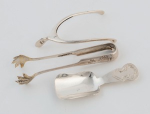Novelty wishbone sugar nips by Levi & Salaman of Birmingham, circa 1906; bird claw sugar tongs; and a sterling silver caddy spoon, (3 items), ​​​​​​​the largest 10cm long, 44 grams total