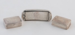 An antique sterling silver snuff box and two sterling silver vinaigrette style boxes, 19th century, (3 items), the snuff box 6.5cm wide, 52 grams total