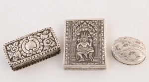 Three decorative silver boxes, European and Asian, 19th and 20th century, the largest 7.5cm long, 108 grams total
