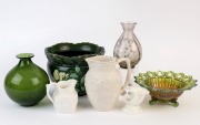 Pottery jardinière, porcelain jugs, Royal Worcester shell vase, antique glass vase, a green carnival glass bowl and a Norwegian green glass vase, 19th and 20th century, A/F (7 items) the jardinière15cm high