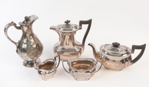 A silver plated four piece tea service and an antique silver plated claret jug, 19th and 20th century, (5 items), the largest 25cm high
