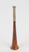 Antique English hunting horn, copper and nickel, stamped "SWAINE & ADENEY, London, Proprietors Of Kohler & Son, Made In England", also bearing the 1862 Exhibition medal stamp, 19th century, ​​​​​​​24cm high